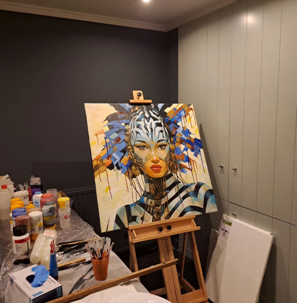 Het atelier van Nico Seymus met een schilderij op de ezel
